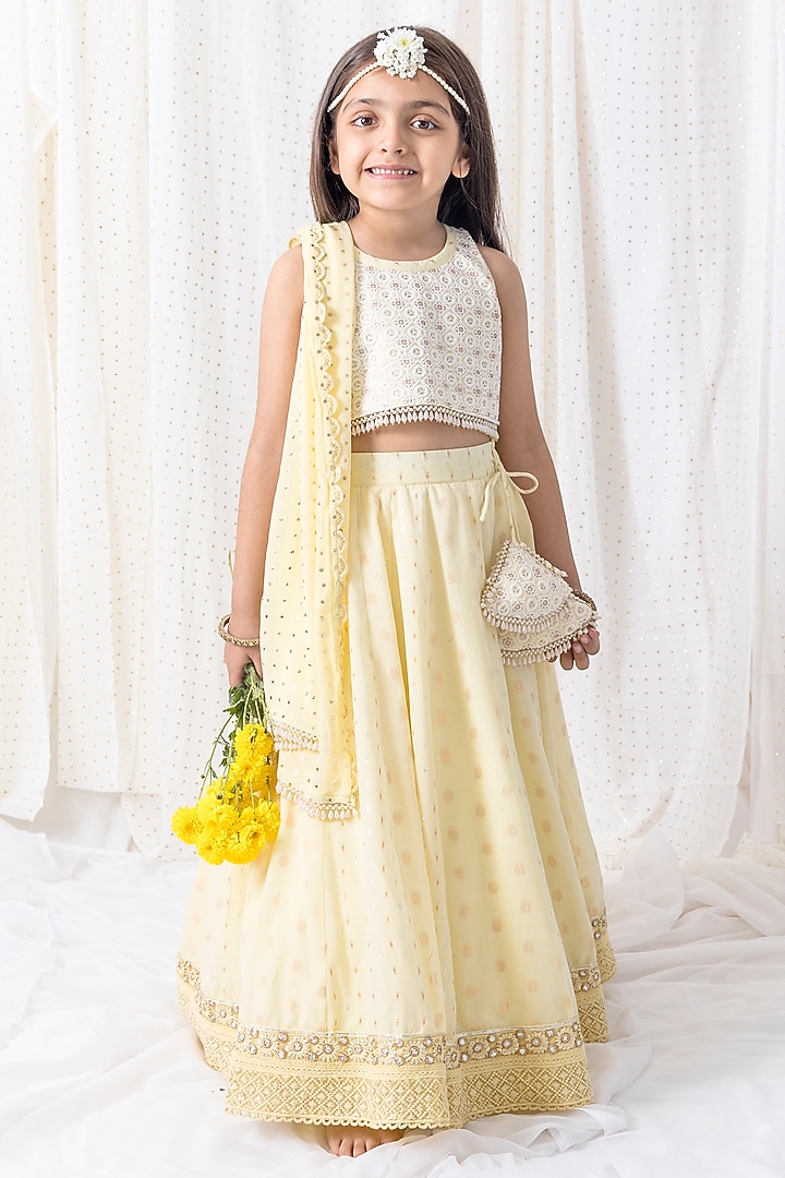 Pastel Yellow Cotton Thread Embroidered Lehenga Set For Girls by Chotibuti at Pernia's Pop Up Shop