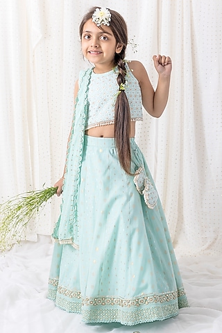 Ice Blue Cotton Thread Embroidered Lehenga Set For Girls by Chotibuti