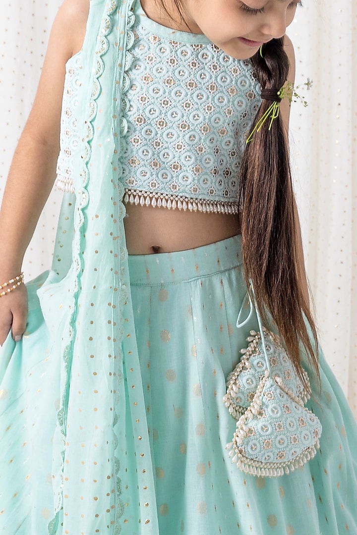 Ice Blue Cotton Thread Embroidered Lehenga Set For Girls by Chotibuti at Pernia's Pop Up Shop