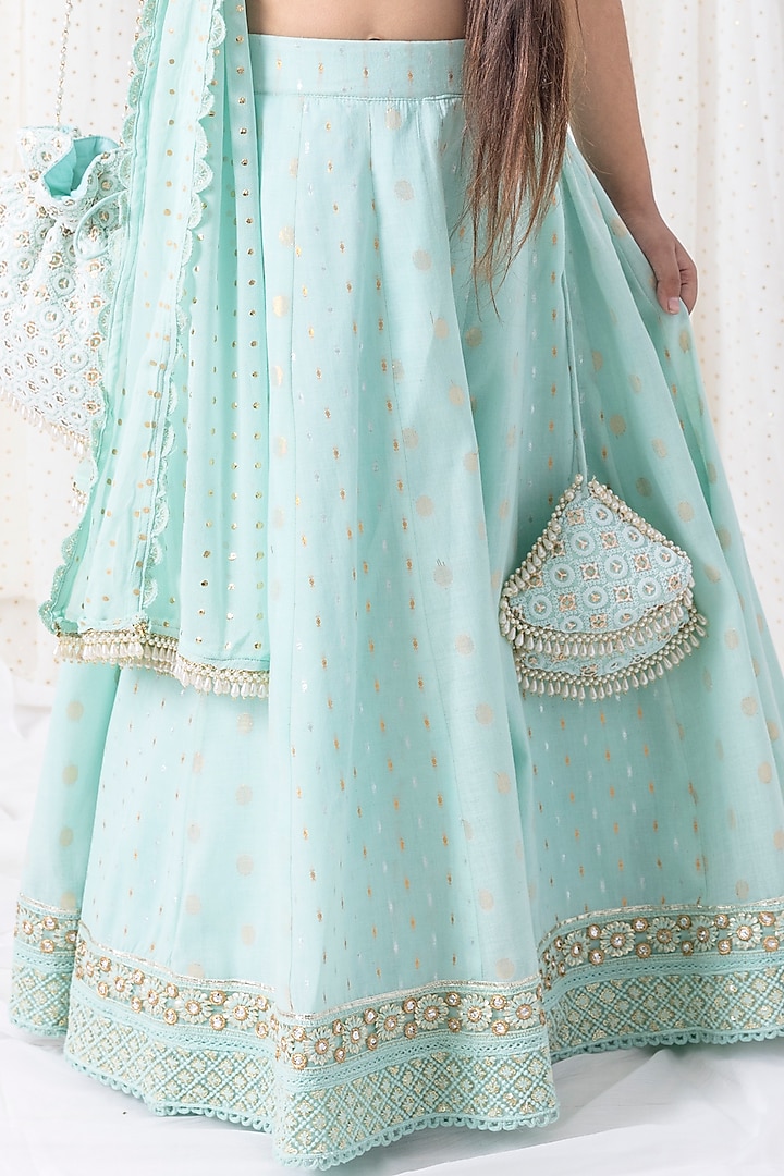 Ice Blue Cotton Thread Embroidered Lehenga Set For Girls by Chotibuti at Pernia's Pop Up Shop