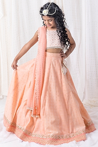 Peach Cotton Thread Embroidered Lehenga Set For Girls by Chotibuti
