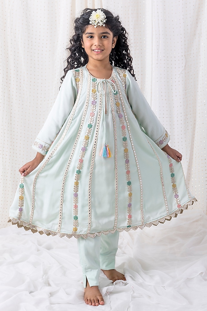 Powder Blue Muslin Kurta Set For Girls by Chotibuti