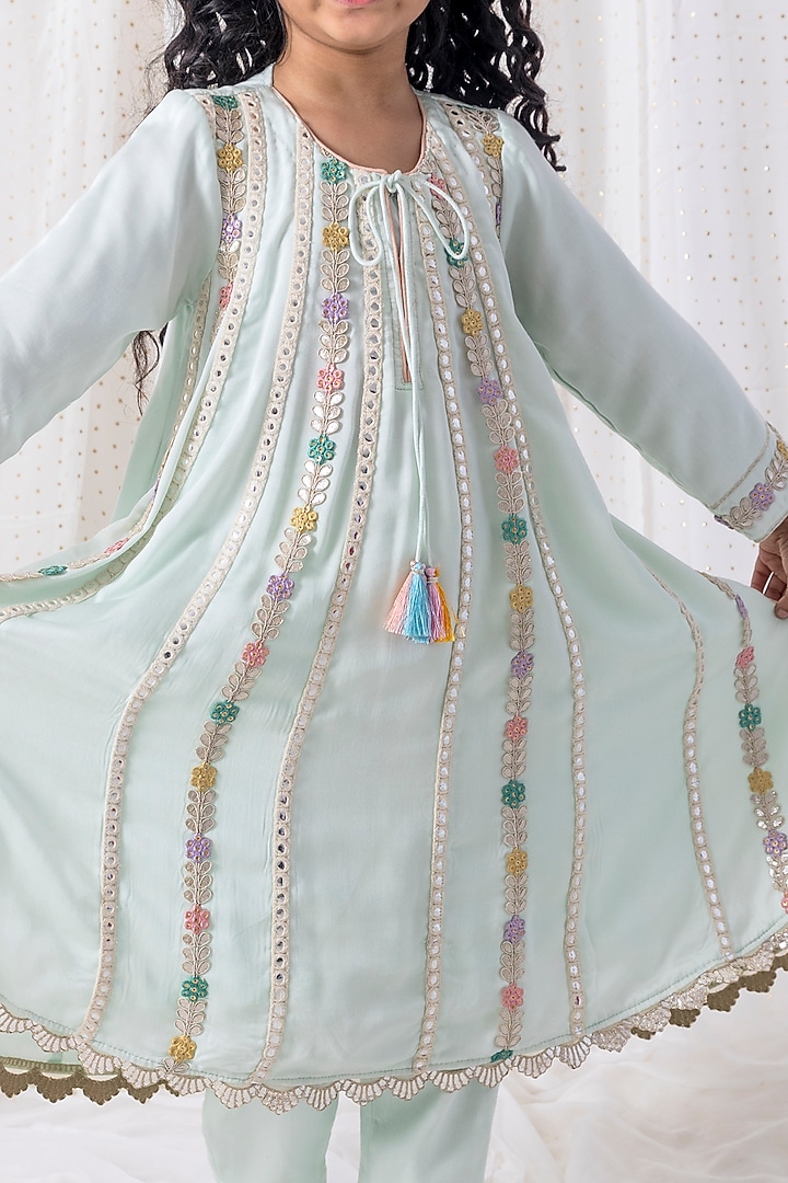 Powder Blue Muslin Mirror Work Kurta Set For Girls by Chotibuti at Pernia's Pop Up Shop