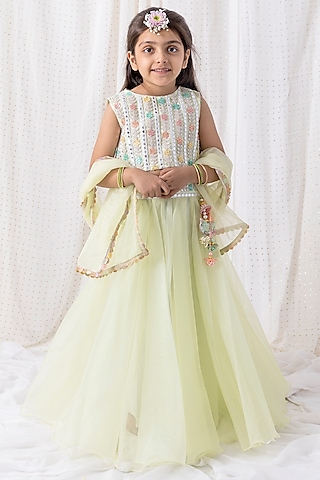 Pastel Green Organza Embroidered Lehenga Set For Girls by Chotibuti