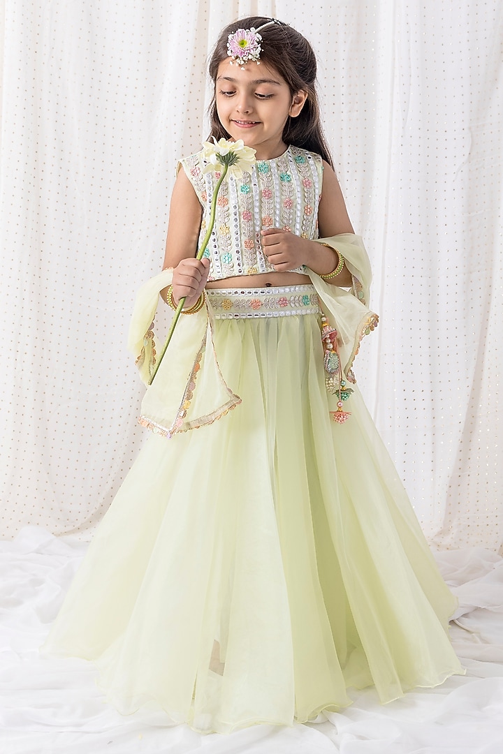 Pastel Green Organza Embroidered Lehenga Set For Girls by Chotibuti at Pernia's Pop Up Shop
