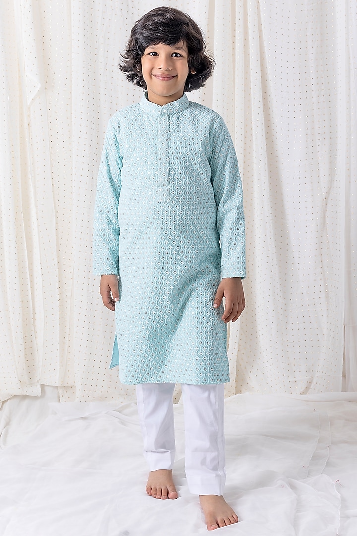 Ice Blue Embroidered Kurta Set For Boys by Chotibuti