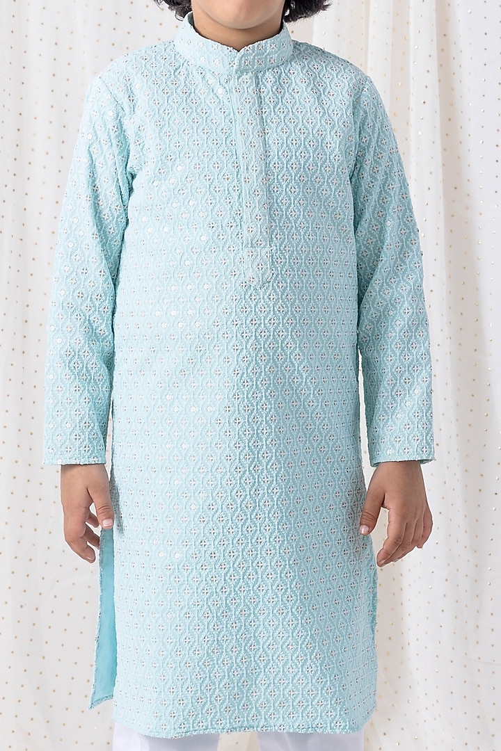 Ice Blue Cotton Lycra Embroidered Kurta Set For Boys by Chotibuti at Pernia's Pop Up Shop
