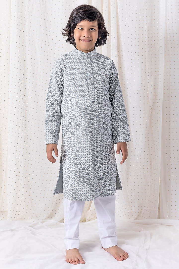 Grey Embroidered Kurta Set For Boys by Chotibuti