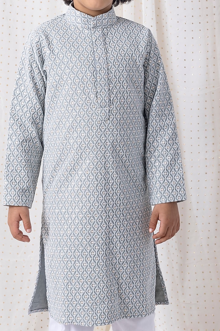 Grey Cotton Lycra Embroidered Kurta Set For Boys by Chotibuti at Pernia's Pop Up Shop