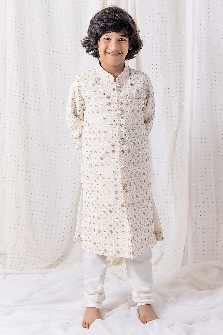 Ivory Cotton Silk Embroidered Sherwani Set For Boys by Chotibuti