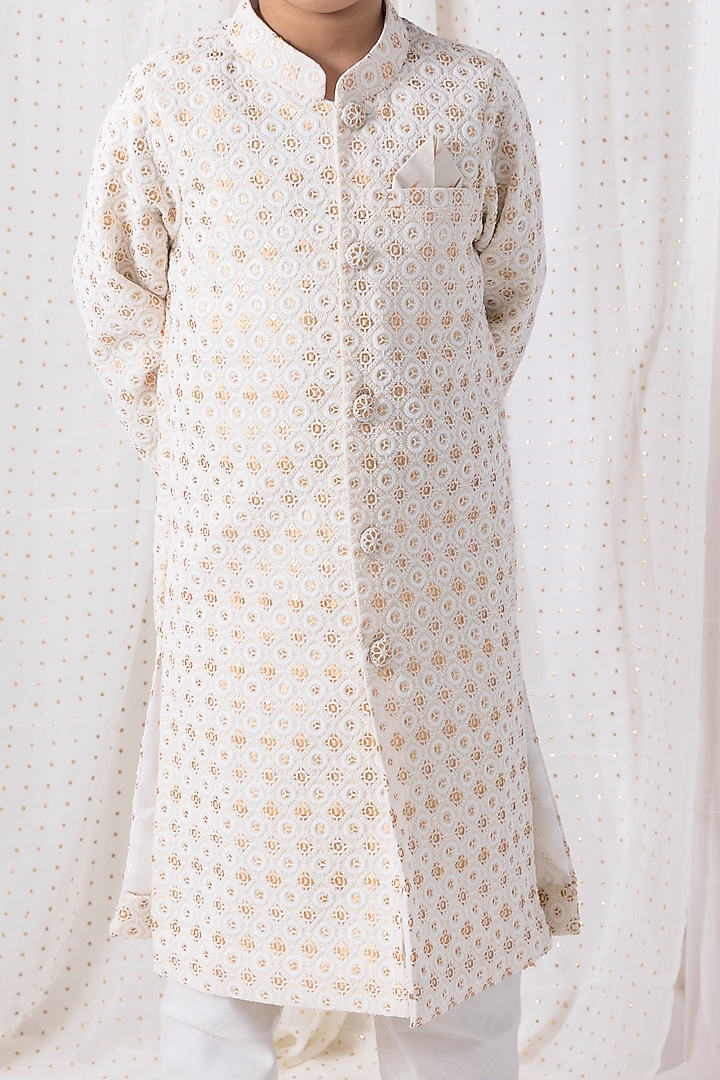 Ivory Cotton Silk Embroidered Sherwani Set For Boys by Chotibuti at Pernia's Pop Up Shop