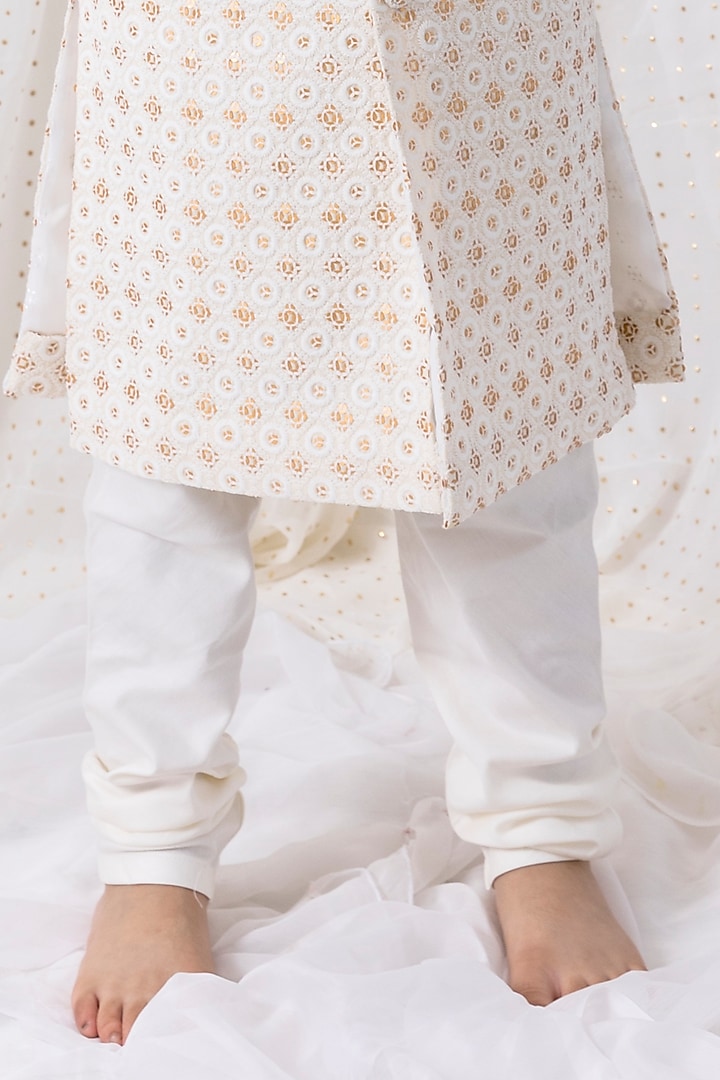 Ivory Cotton Silk Embroidered Sherwani Set For Boys by Chotibuti at Pernia's Pop Up Shop