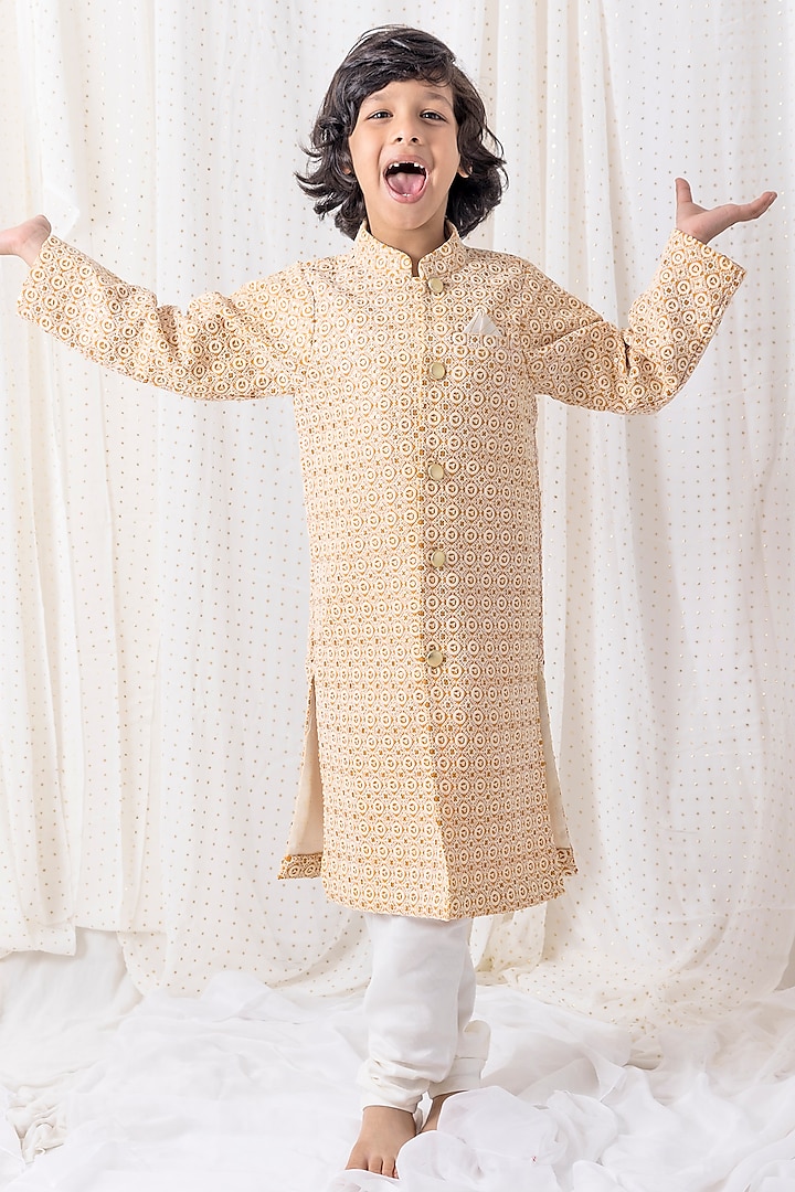 Mustard Cotton Silk Embroidered Sherwani Set For Boys by Chotibuti