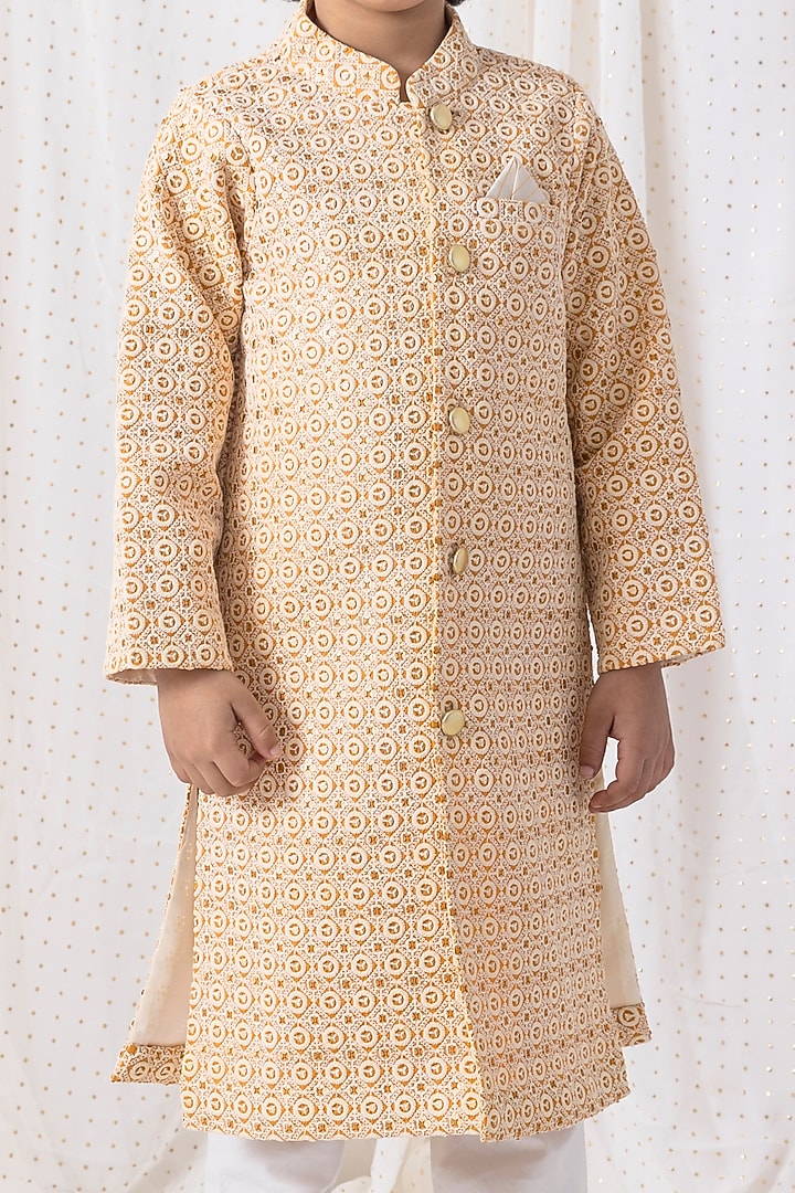 Mustard Cotton Silk Embroidered Sherwani Set For Boys by Chotibuti at Pernia's Pop Up Shop