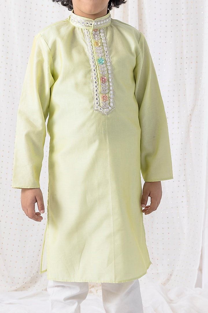 Pastel Green Organza Embroidered Kurta Set For Boys by Chotibuti at Pernia's Pop Up Shop