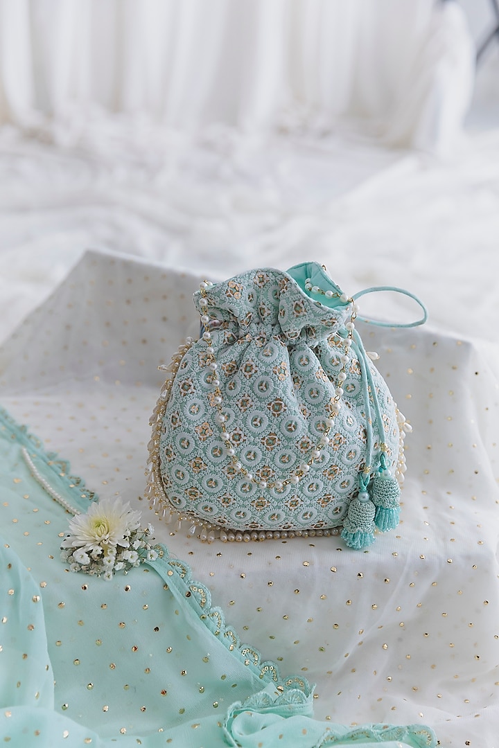 Ice Blue Cotton Embroidered Potli For Girls by Chotibuti