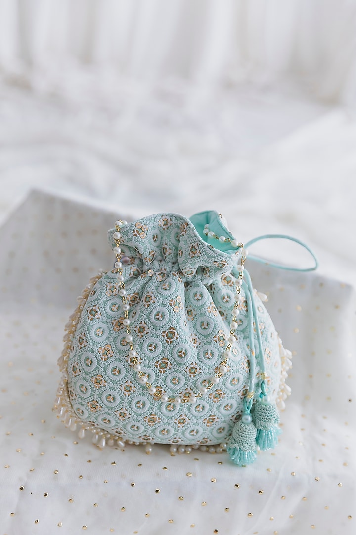 Ice Blue Cotton Embroidered Potli For Girls by Chotibuti at Pernia's Pop Up Shop