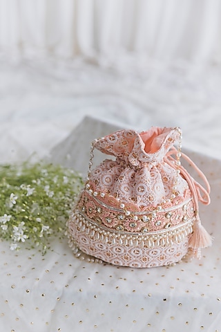 Peach Cotton Embroidered Potli For Girls by Chotibuti