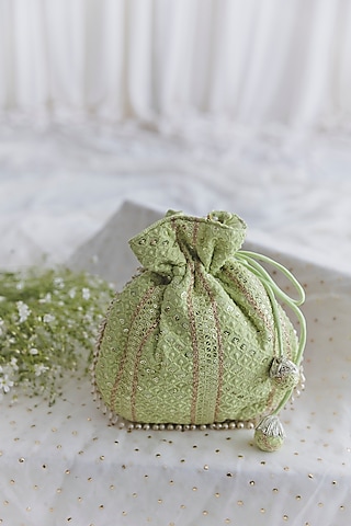 Pastel Green Cotton Embroidered Potli For Girls by Chotibuti
