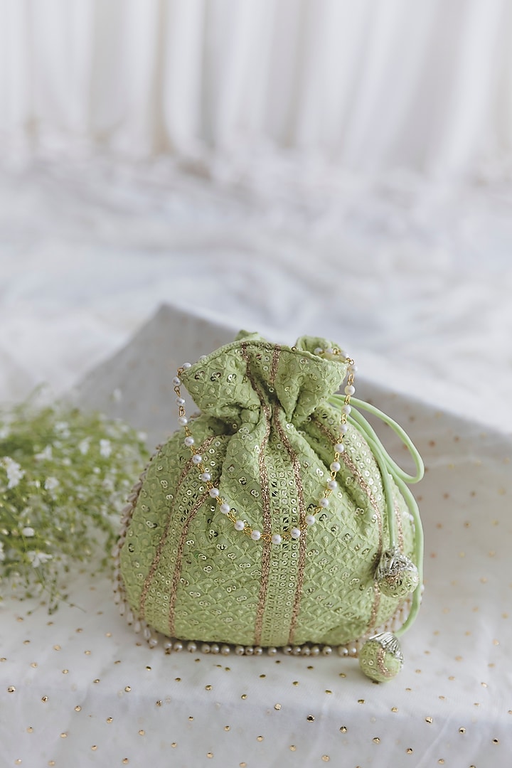 Pastel Green Cotton Embroidered Potli For Girls by Chotibuti at Pernia's Pop Up Shop