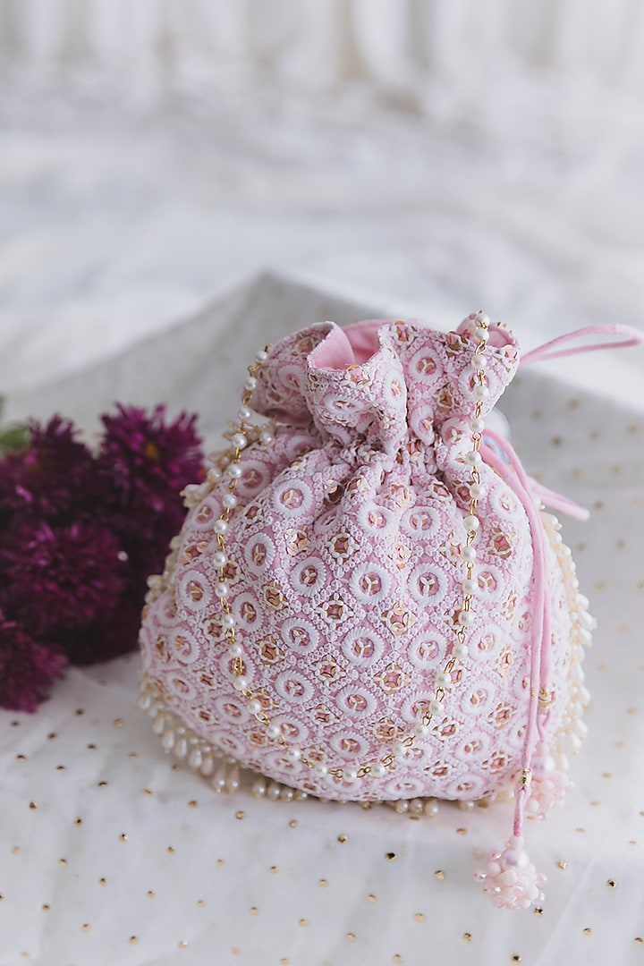 Powder Pink Cotton Embroidered Potli For Girls by Chotibuti at Pernia's Pop Up Shop