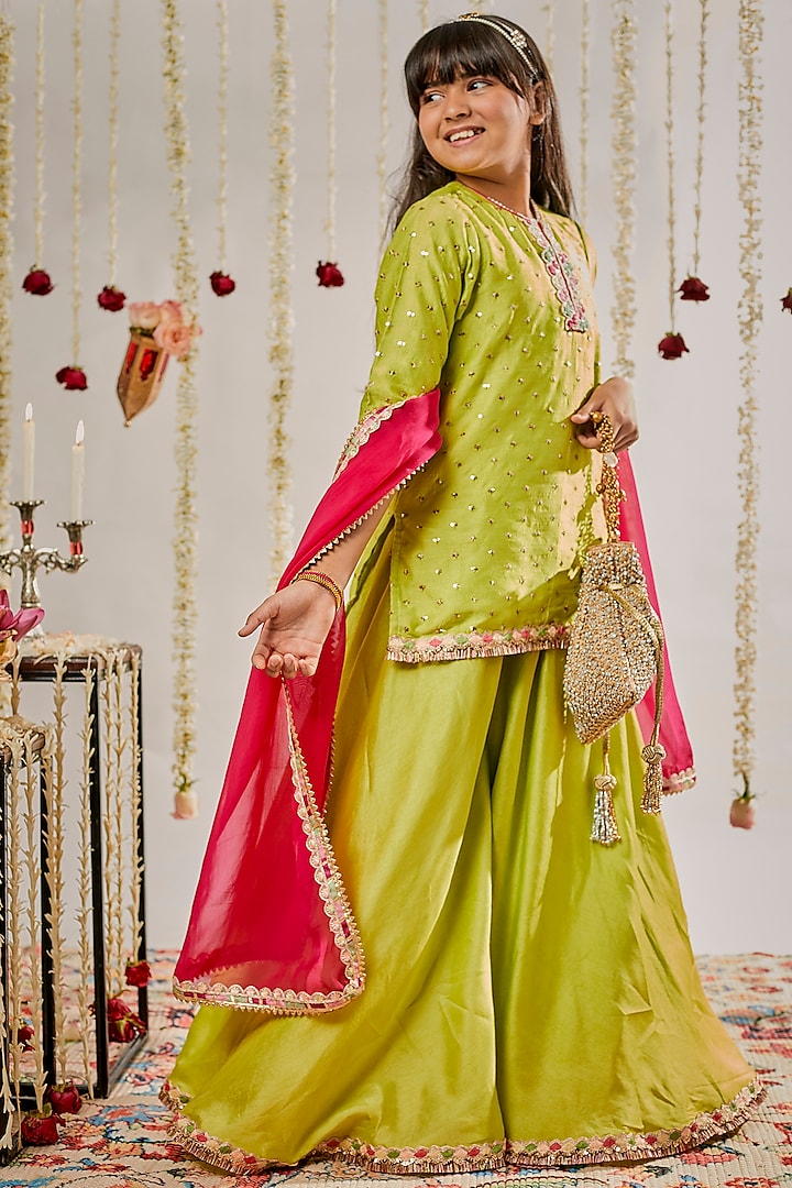 Mehendi Green Silk Sharara Set For Girls by Chotibuti at Pernia's Pop Up Shop