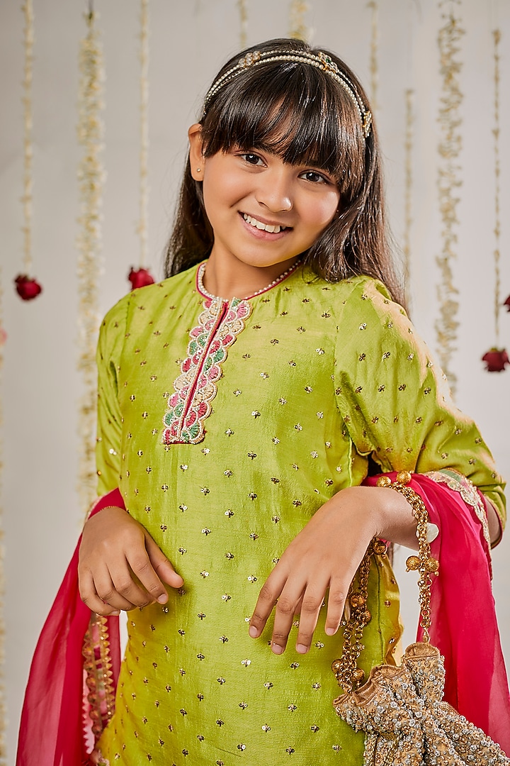 Mehendi Green Silk Sharara Set For Girls by Chotibuti at Pernia's Pop Up Shop