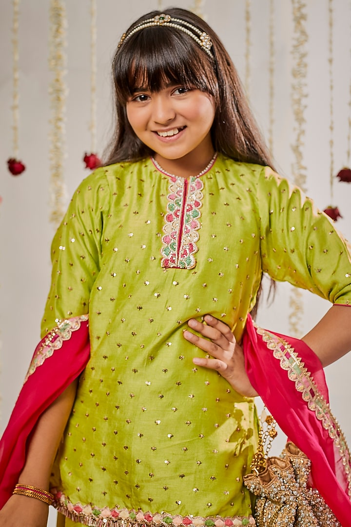 Mehendi Green Silk Sharara Set For Girls by Chotibuti at Pernia's Pop Up Shop