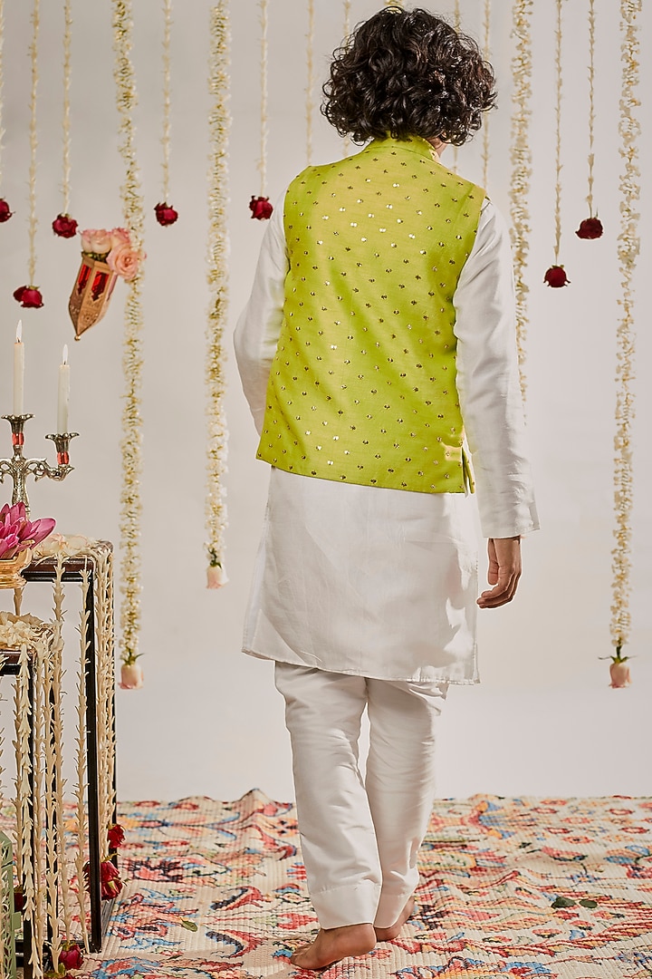 Mehendi Green Cotton Silk Embroidered Bundi Jacket Set For Boys by Chotibuti at Pernia's Pop Up Shop