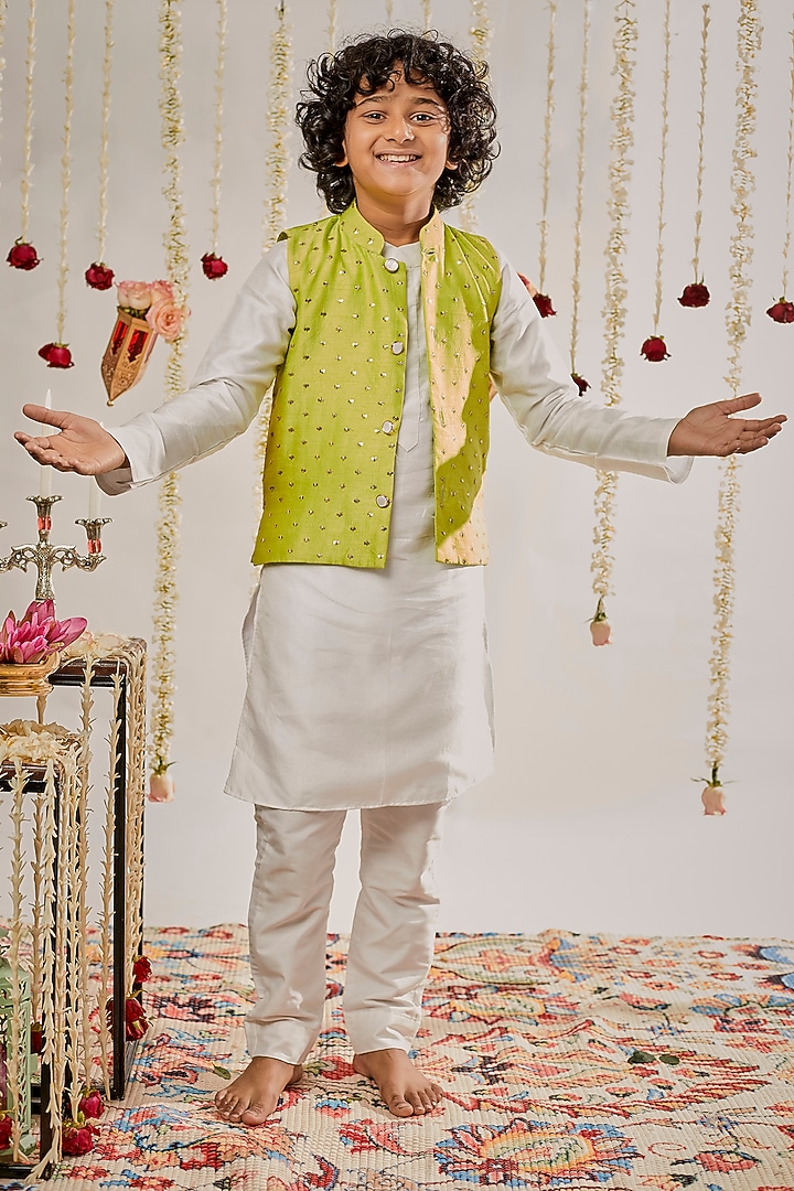 Mehendi Green Cotton Silk Embroidered Bundi Jacket Set For Boys by Chotibuti at Pernia's Pop Up Shop