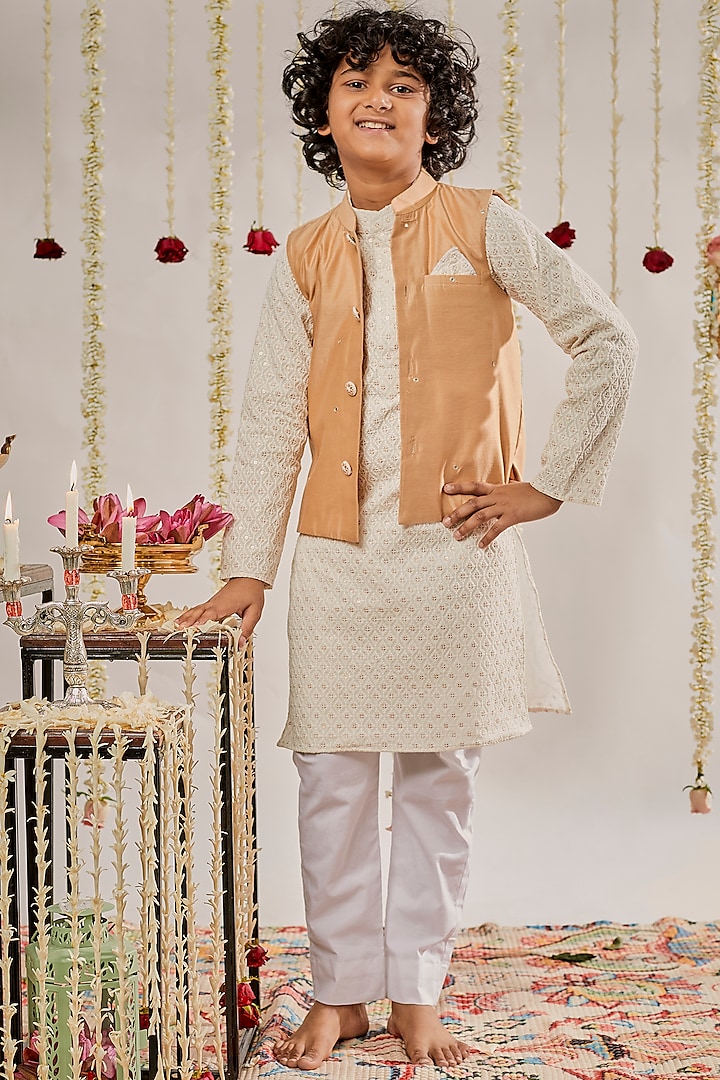 Gold Chanderi Embroidered Bundi Jacket With Kurta Set For Boys by Chotibuti