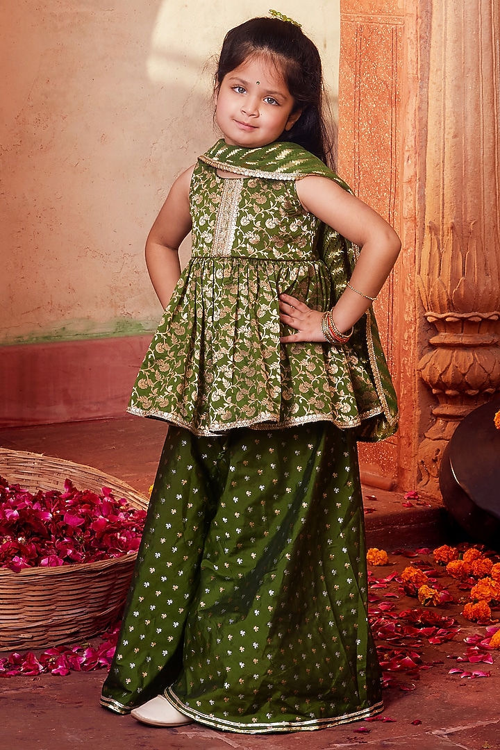 Green Banarasi Silk Palazzo Pant Set For Girls by Chotibuti at Pernia's Pop Up Shop