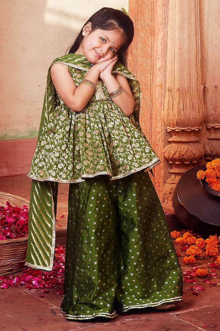 Green Banarasi Silk Palazzo Pant Set For Girls by Chotibuti at Pernia's Pop Up Shop