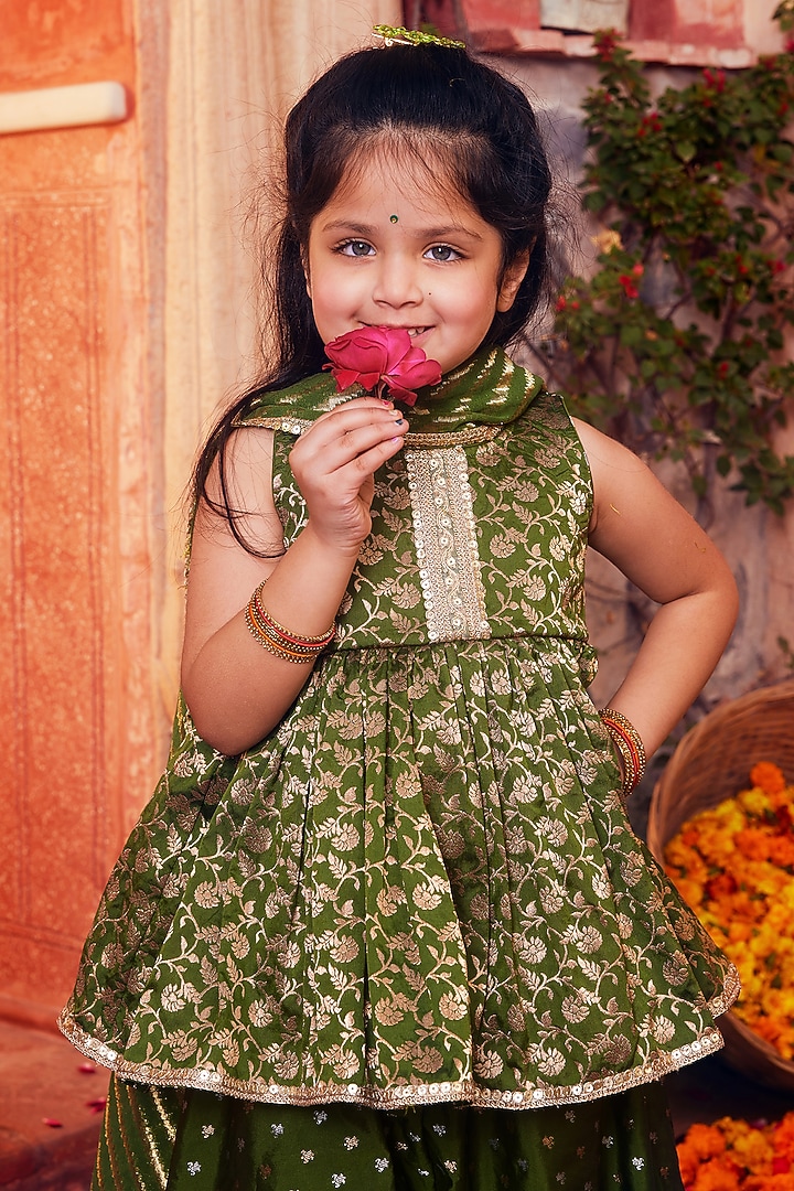 Green Banarasi Silk Palazzo Pant Set For Girls by Chotibuti at Pernia's Pop Up Shop