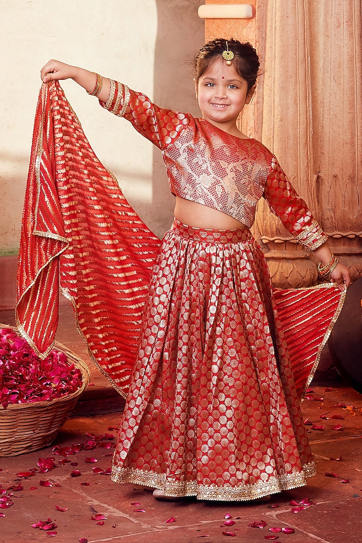 Orange Banarasi Silk Brocade Lehenga Set For Girls by Chotibuti at Pernia's Pop Up Shop