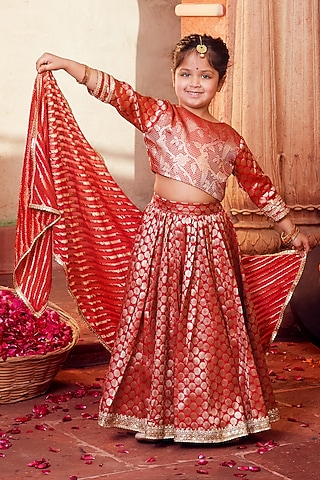 Orange Banarasi Silk Brocade Lehenga Set For Girls by Chotibuti