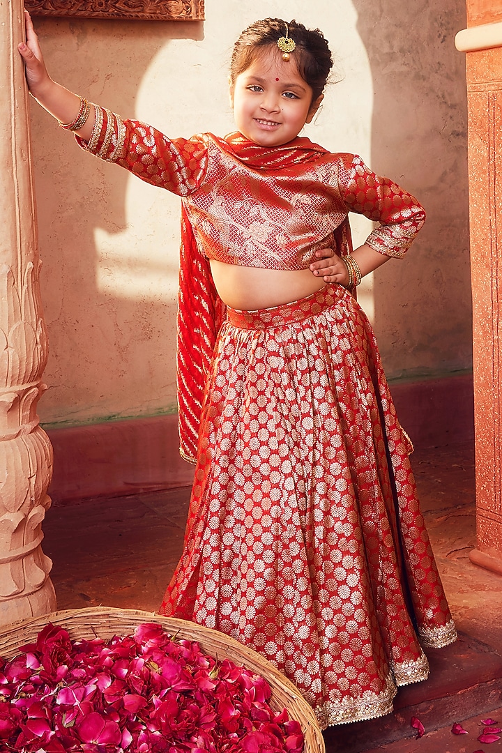 Orange Banarasi Silk Brocade Lehenga Set For Girls by Chotibuti at Pernia's Pop Up Shop