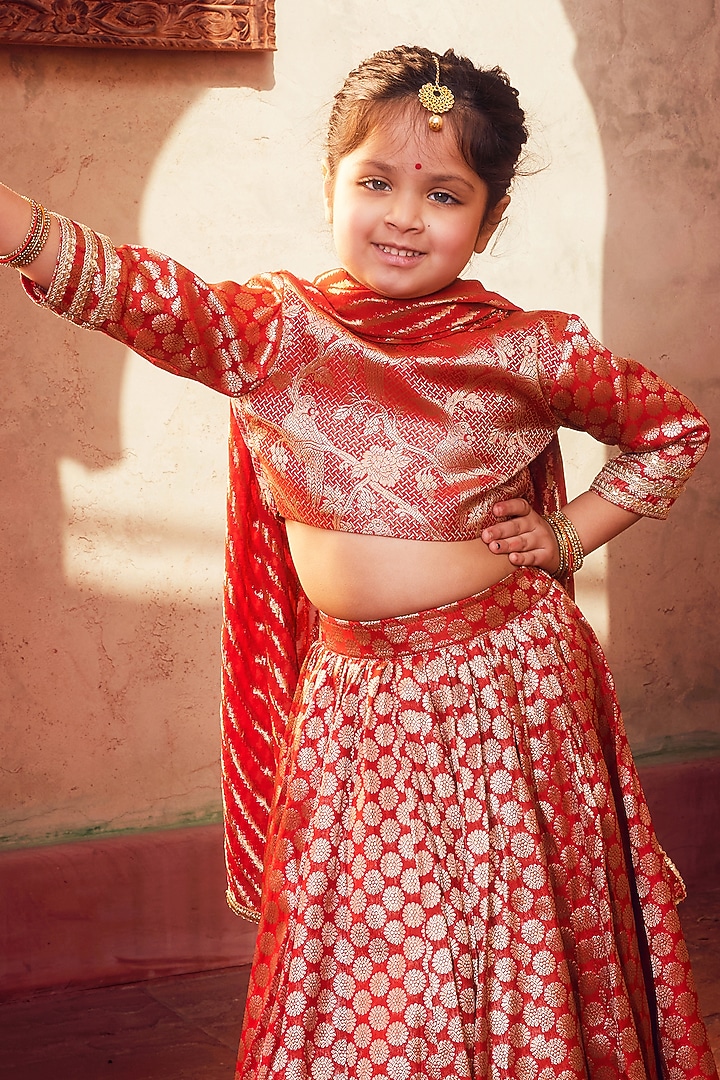 Orange Banarasi Silk Brocade Lehenga Set For Girls by Chotibuti at Pernia's Pop Up Shop