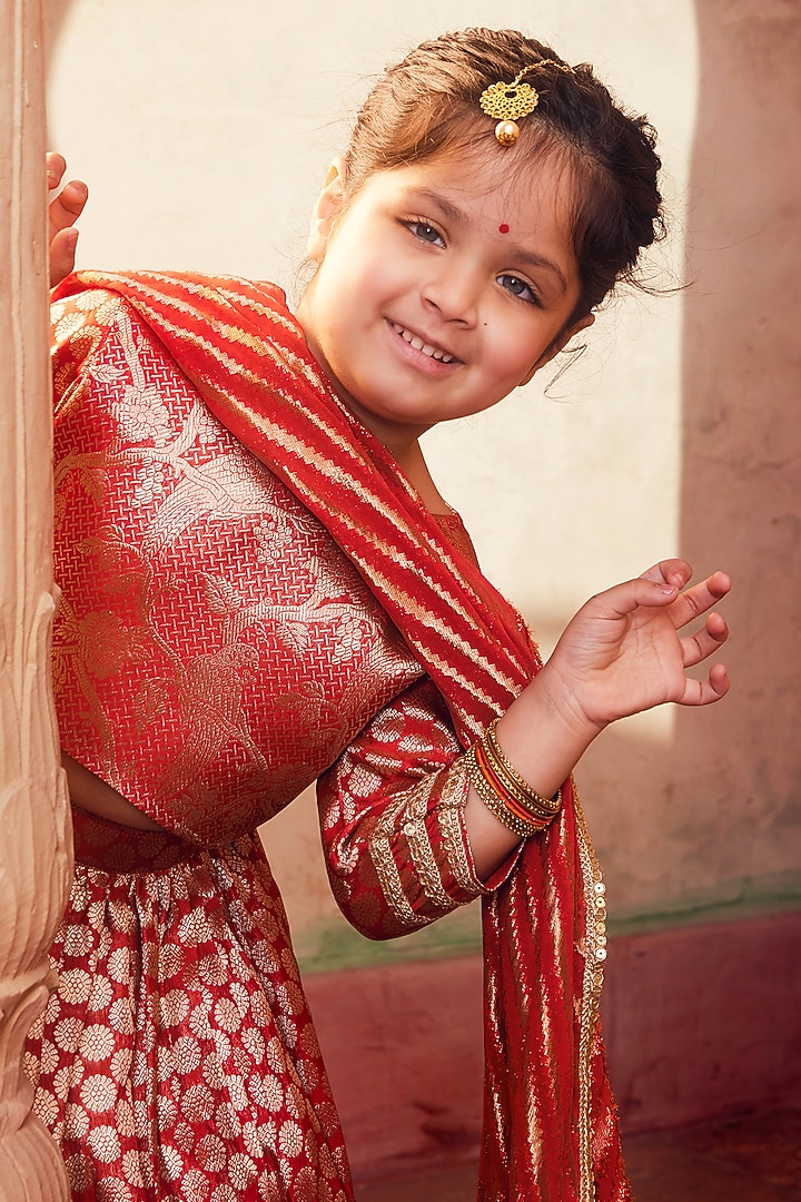 Orange Banarasi Silk Brocade Lehenga Set For Girls by Chotibuti at Pernia's Pop Up Shop