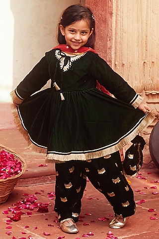 Dark Green Velvet Kurta Set For Girls by Chotibuti
