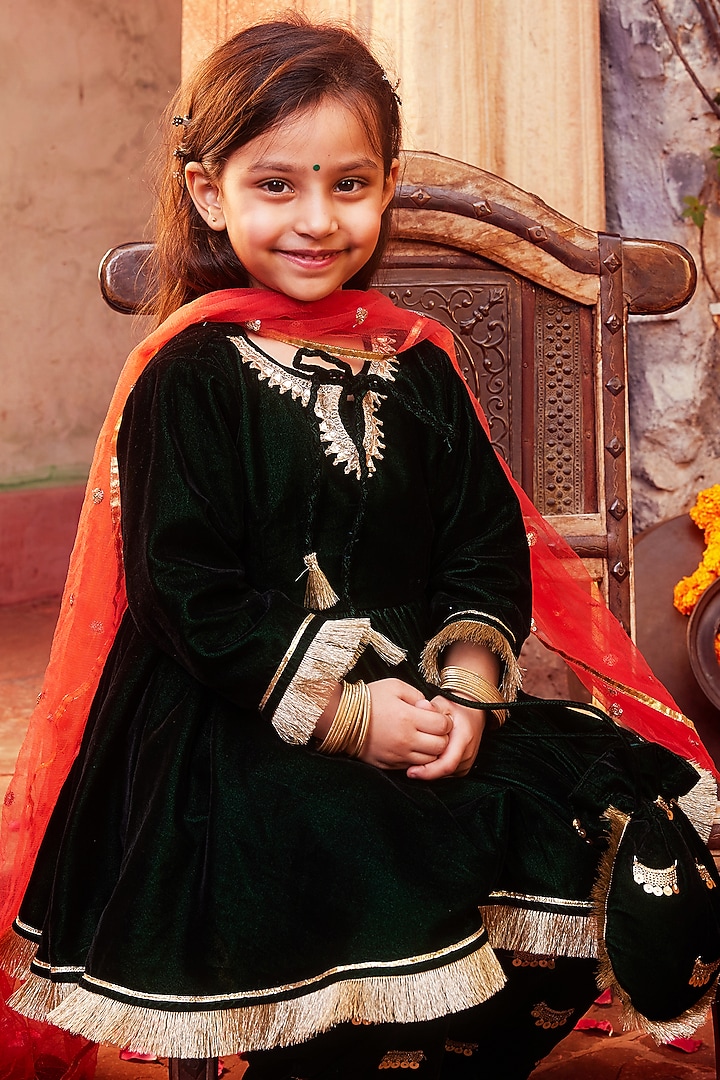 Dark Green Velvet Kurta Set For Girls by Chotibuti at Pernia's Pop Up Shop