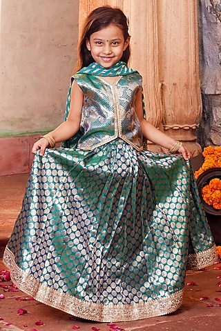 Sky Blue Banarasi Silk Brocade Lehenga Set For Girls by Chotibuti