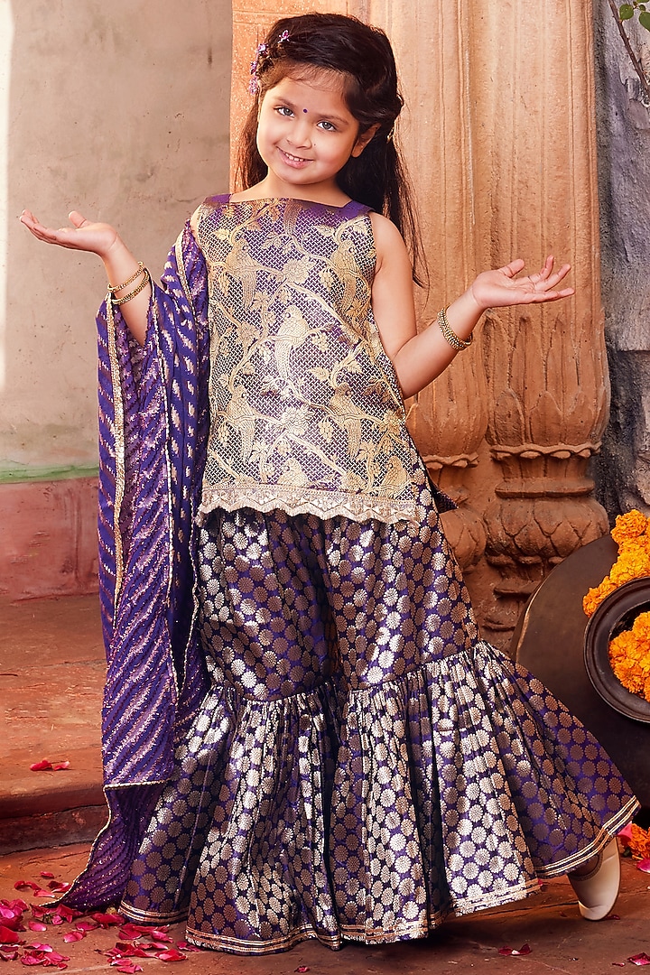 Purple Banarasi Silk Sharara Set For Girls by Chotibuti at Pernia's Pop Up Shop