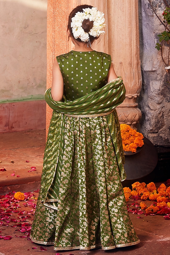 Green Banarasi Silk Brocade Lehenga Set For Girls by Chotibuti at Pernia's Pop Up Shop
