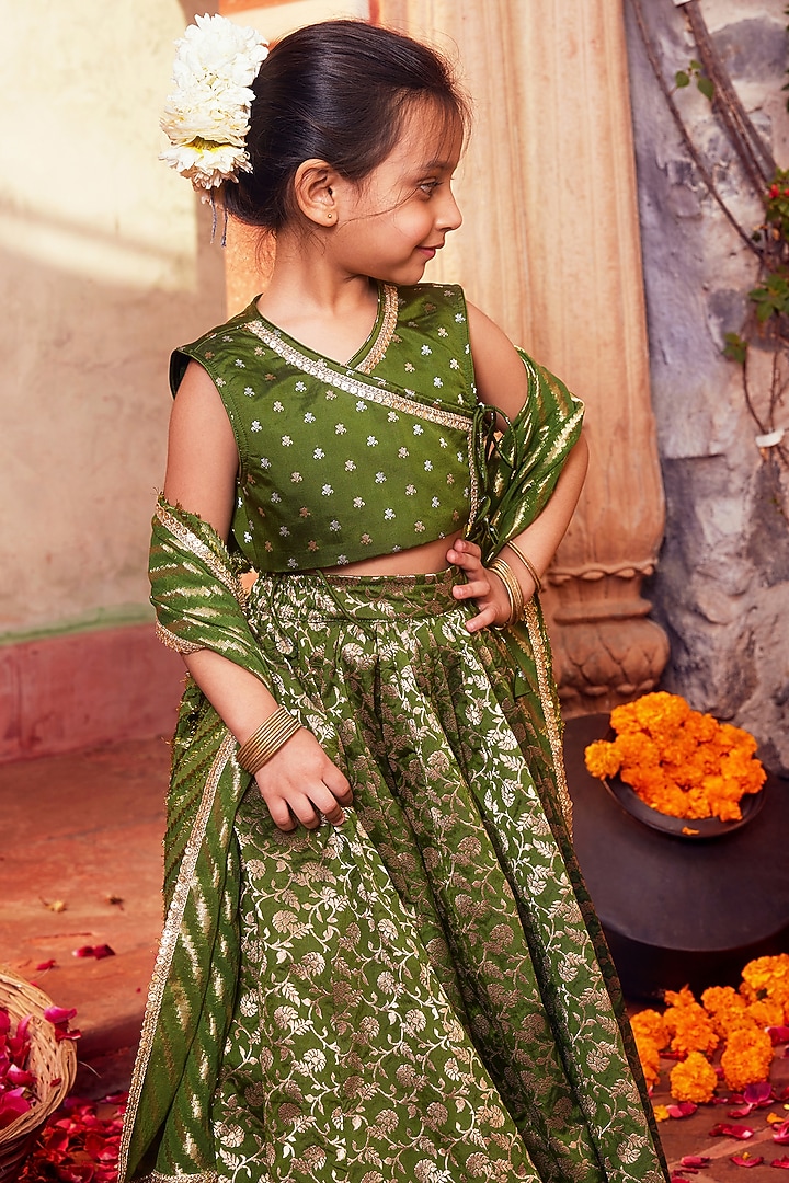 Green Banarasi Silk Brocade Lehenga Set For Girls by Chotibuti at Pernia's Pop Up Shop