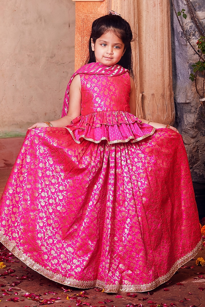 Pink Banarasi Silk Brocade Lehenga Set For Girls by Chotibuti at Pernia's Pop Up Shop