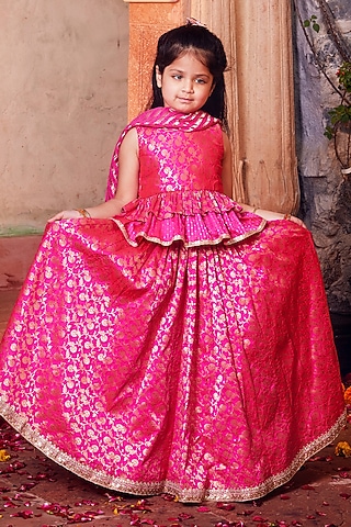 Pink Banarasi Silk Brocade Lehenga Set For Girls by Chotibuti