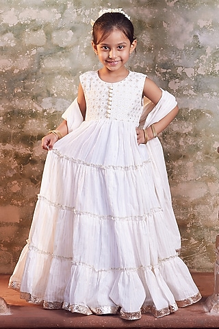 White Cotton Anarkali With Dupatta For Girls by Chotibuti