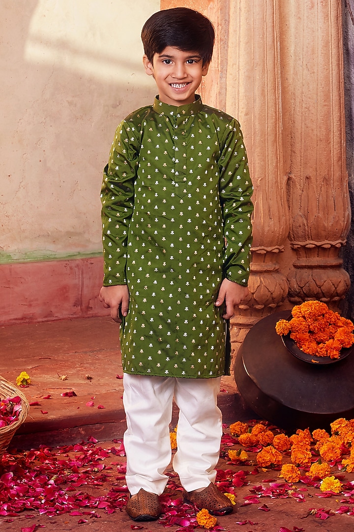 Green Banarasi Silk Kurta Set For Boys by Chotibuti at Pernia's Pop Up Shop