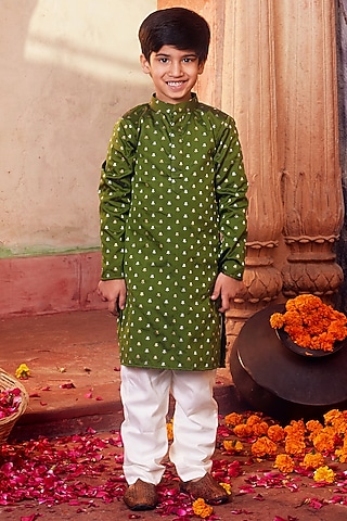 Green Banarasi Silk Kurta Set For Boys by Chotibuti